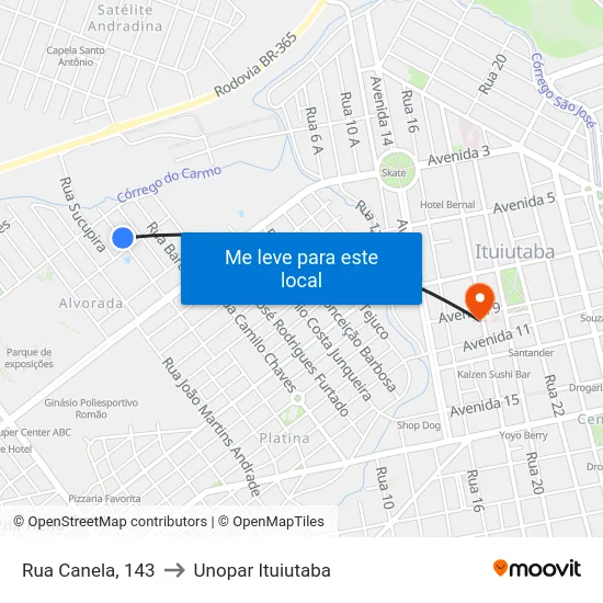 Rua Canela, 143 to Unopar Ituiutaba map