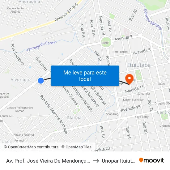 Av. Prof. José Vieira De Mendonça, 1625 to Unopar Ituiutaba map