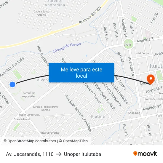 Av. Jacarandás, 1110 to Unopar Ituiutaba map