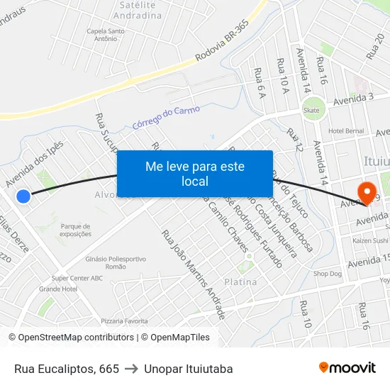 Rua Eucaliptos, 665 to Unopar Ituiutaba map
