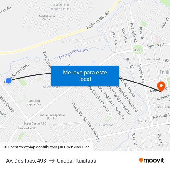 Av. Dos Ipês, 493 to Unopar Ituiutaba map