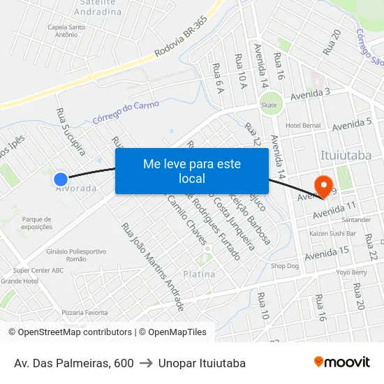 Av. Das Palmeiras, 600 to Unopar Ituiutaba map