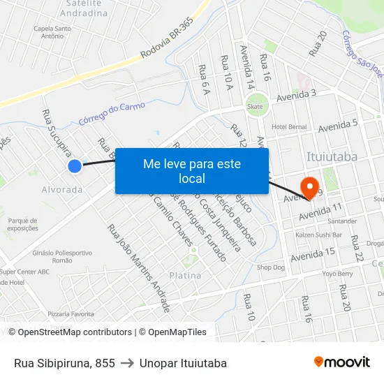 Rua Sibipiruna, 855 to Unopar Ituiutaba map