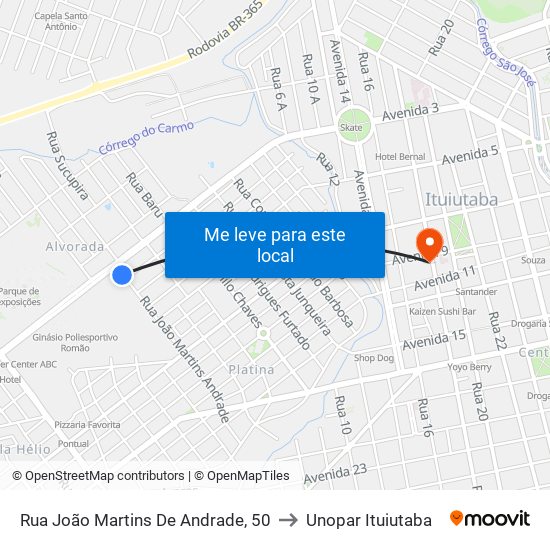 Rua João Martins De Andrade, 50 to Unopar Ituiutaba map