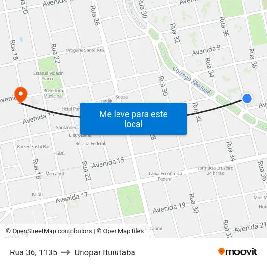Rua 36, 1135 to Unopar Ituiutaba map