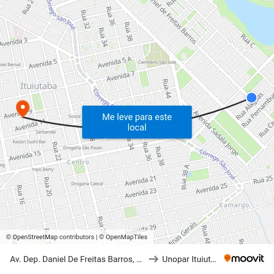 Av. Dep. Daniel De Freitas Barros, 2727 to Unopar Ituiutaba map