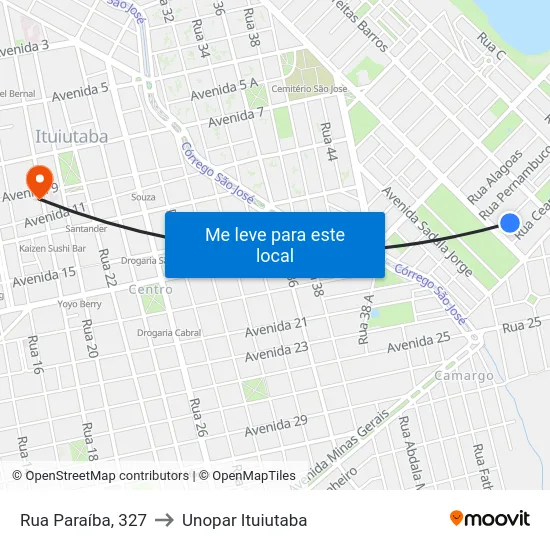 Rua Paraíba, 327 to Unopar Ituiutaba map