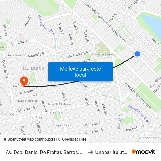 Av. Dep. Daniel De Freitas Barros, 2297 to Unopar Ituiutaba map