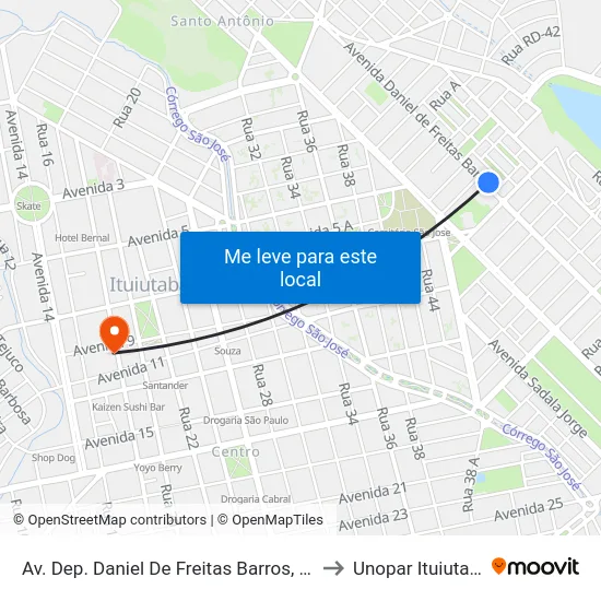 Av. Dep. Daniel De Freitas Barros, 130 to Unopar Ituiutaba map