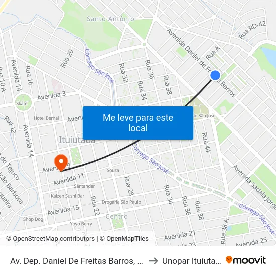 Av. Dep. Daniel De Freitas Barros, 300 to Unopar Ituiutaba map