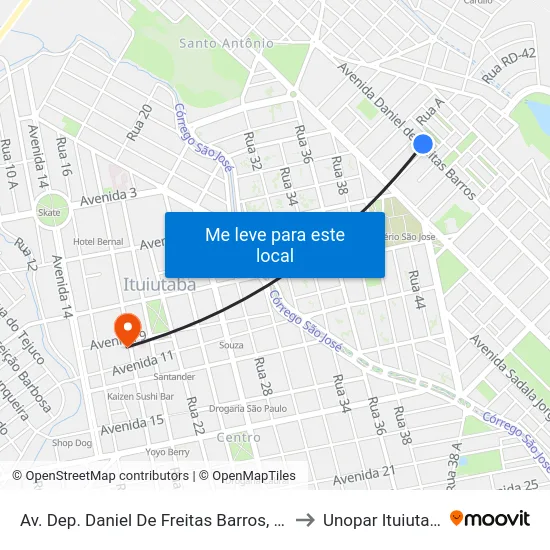 Av. Dep. Daniel De Freitas Barros, 394 to Unopar Ituiutaba map