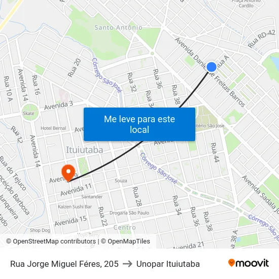 Rua Jorge Miguel Féres, 205 to Unopar Ituiutaba map