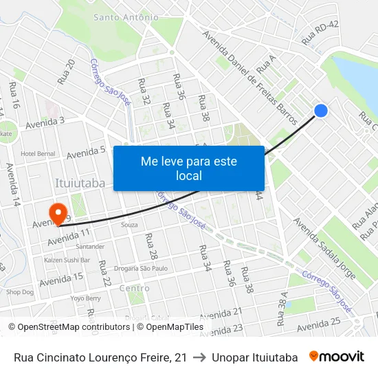 Rua Cincinato Lourenço Freire, 21 to Unopar Ituiutaba map