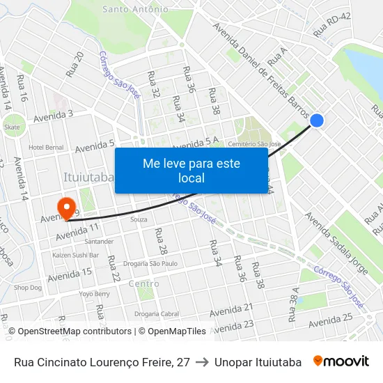 Rua Cincinato Lourenço Freire, 27 to Unopar Ituiutaba map