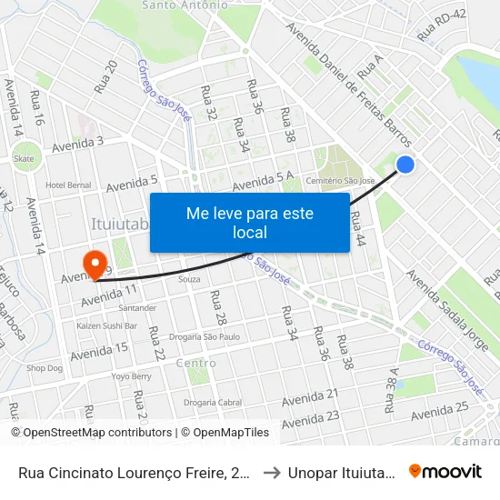 Rua Cincinato Lourenço Freire, 295 to Unopar Ituiutaba map