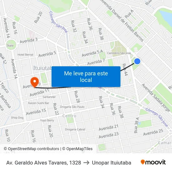 Av. Geraldo Alves Tavares, 1328 to Unopar Ituiutaba map