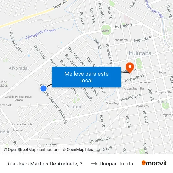 Rua João Martins De Andrade, 265 to Unopar Ituiutaba map
