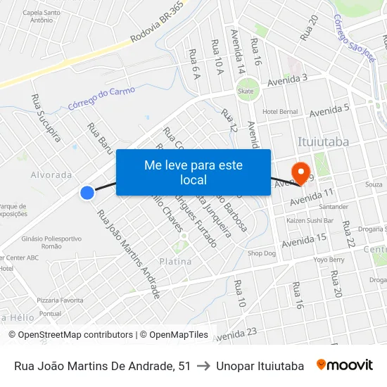 Rua João Martins De Andrade, 51 to Unopar Ituiutaba map