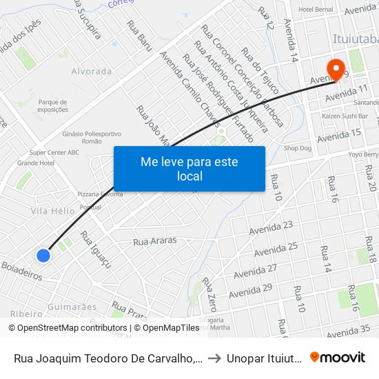 Rua Joaquim Teodoro De Carvalho, 1801 to Unopar Ituiutaba map