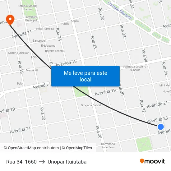 Rua 34, 1660 to Unopar Ituiutaba map