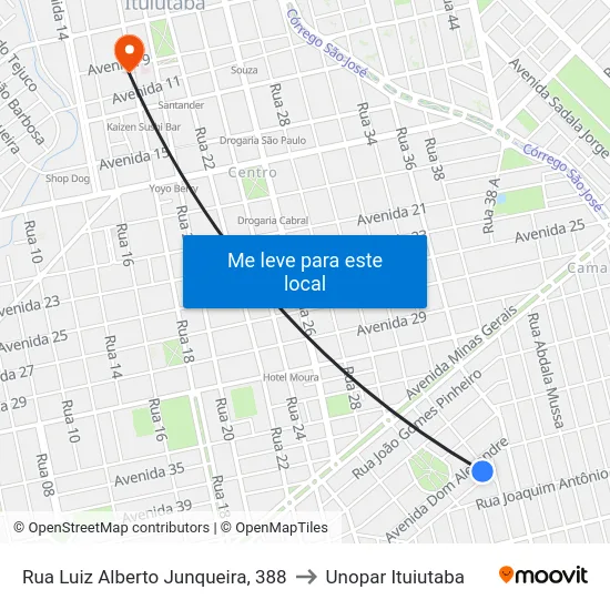 Rua Luiz Alberto Junqueira, 388 to Unopar Ituiutaba map