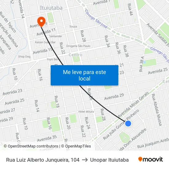 Rua Luiz Alberto Junqueira, 104 to Unopar Ituiutaba map