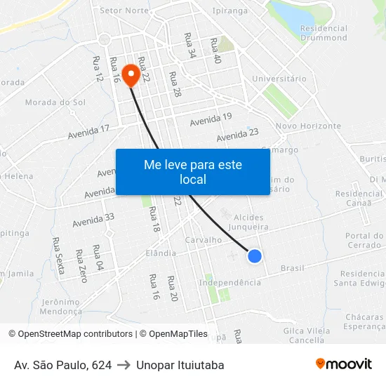 Av. São Paulo, 624 to Unopar Ituiutaba map