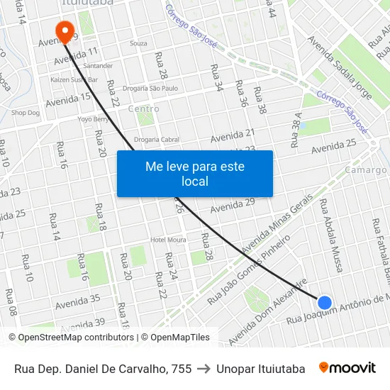 Rua Dep. Daniel De Carvalho, 755 to Unopar Ituiutaba map