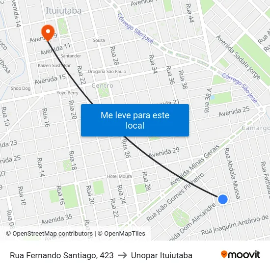 Rua Fernando Santiago, 423 to Unopar Ituiutaba map