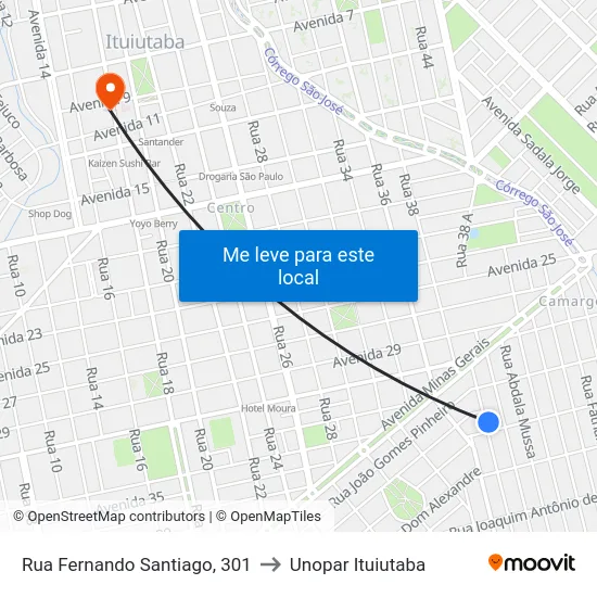 Rua Fernando Santiago, 301 to Unopar Ituiutaba map