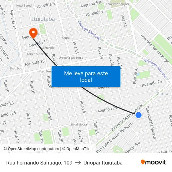 Rua Fernando Santiago, 109 to Unopar Ituiutaba map