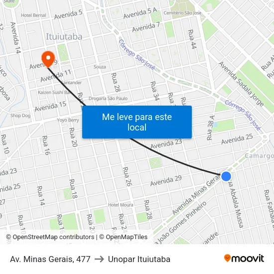Av. Minas Gerais, 477 to Unopar Ituiutaba map