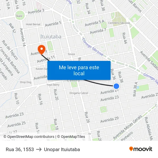 Rua 36, 1553 to Unopar Ituiutaba map