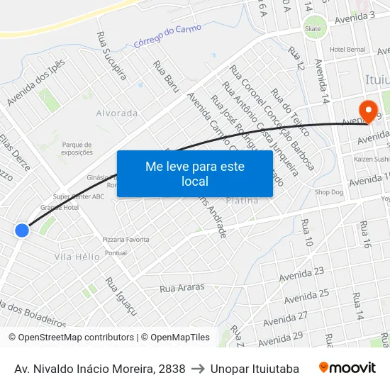 Av. Nivaldo Inácio Moreira, 2838 to Unopar Ituiutaba map