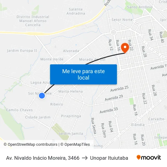 Av. Nivaldo Inácio Moreira, 3466 to Unopar Ituiutaba map