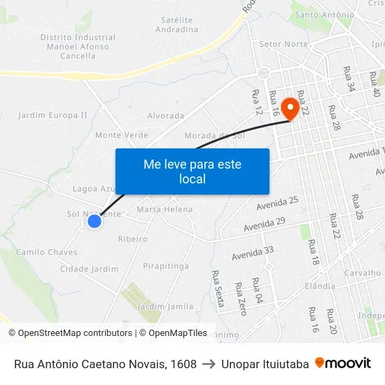 Rua Antônio Caetano Novais, 1608 to Unopar Ituiutaba map