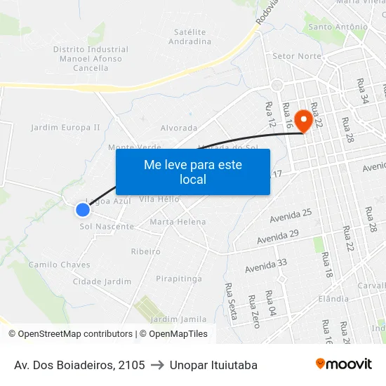 Av. Dos Boiadeiros, 2105 to Unopar Ituiutaba map