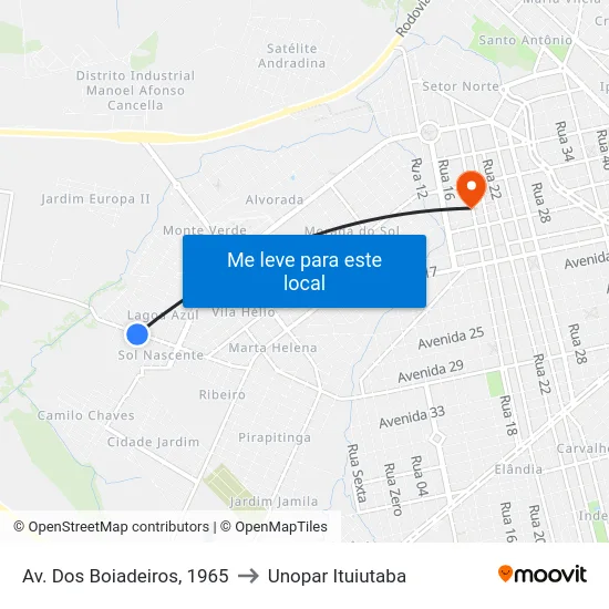 Av. Dos Boiadeiros, 1965 to Unopar Ituiutaba map