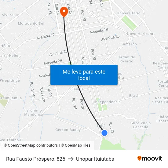 Rua Fausto Próspero, 825 to Unopar Ituiutaba map