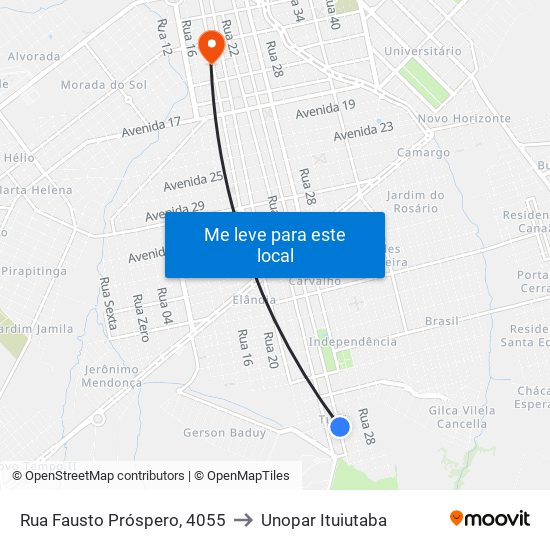 Rua Fausto Próspero, 4055 to Unopar Ituiutaba map