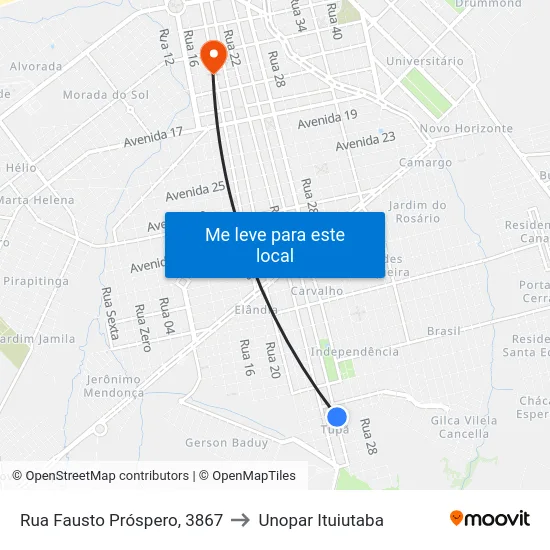 Rua Fausto Próspero, 3867 to Unopar Ituiutaba map