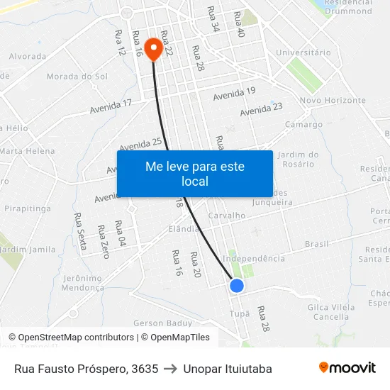 Rua Fausto Próspero, 3635 to Unopar Ituiutaba map