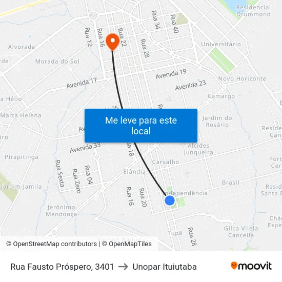 Rua Fausto Próspero, 3401 to Unopar Ituiutaba map