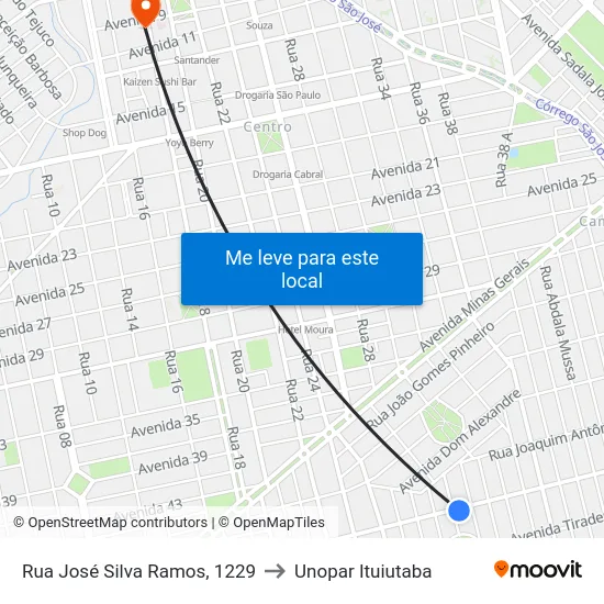Rua José Silva Ramos, 1229 to Unopar Ituiutaba map
