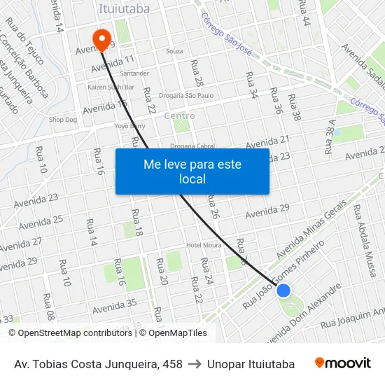 Av. Tobias Costa Junqueira, 458 to Unopar Ituiutaba map
