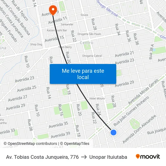 Av. Tobias Costa Junqueira, 776 to Unopar Ituiutaba map
