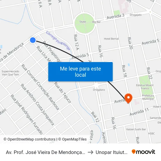 Av. Prof. José Vieira De Mendonça, 901 to Unopar Ituiutaba map