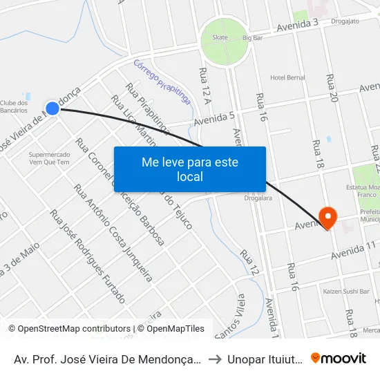 Av. Prof. José Vieira De Mendonça, 1150 to Unopar Ituiutaba map