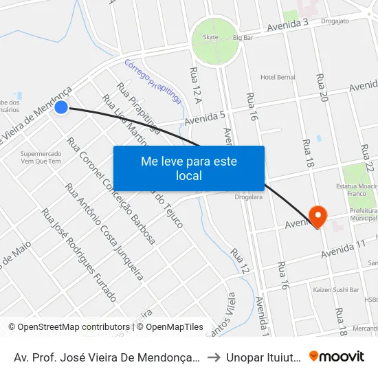 Av. Prof. José Vieira De Mendonça, 1101 to Unopar Ituiutaba map