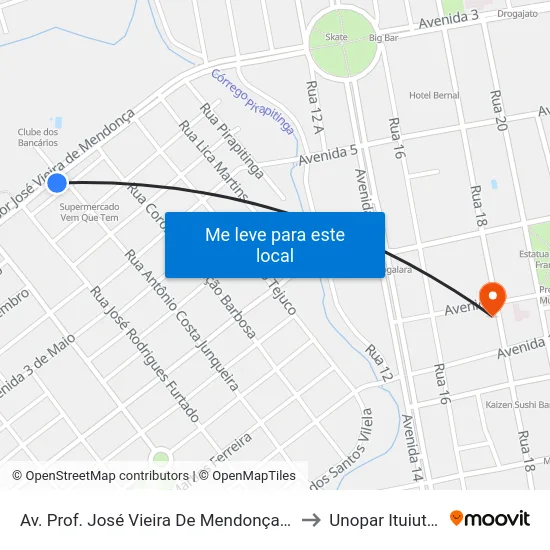 Av. Prof. José Vieira De Mendonça, 1251 to Unopar Ituiutaba map